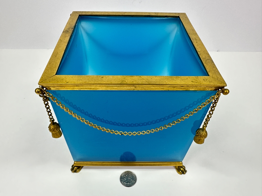 Antique Opaline Glass: Antique French Blue Opaline Glass Cube And Gilt Brass Paw Foot Cachepot Planter 6.5'W X 6.5'D X 6.5'H Estimate $1,400 [Photo 4]