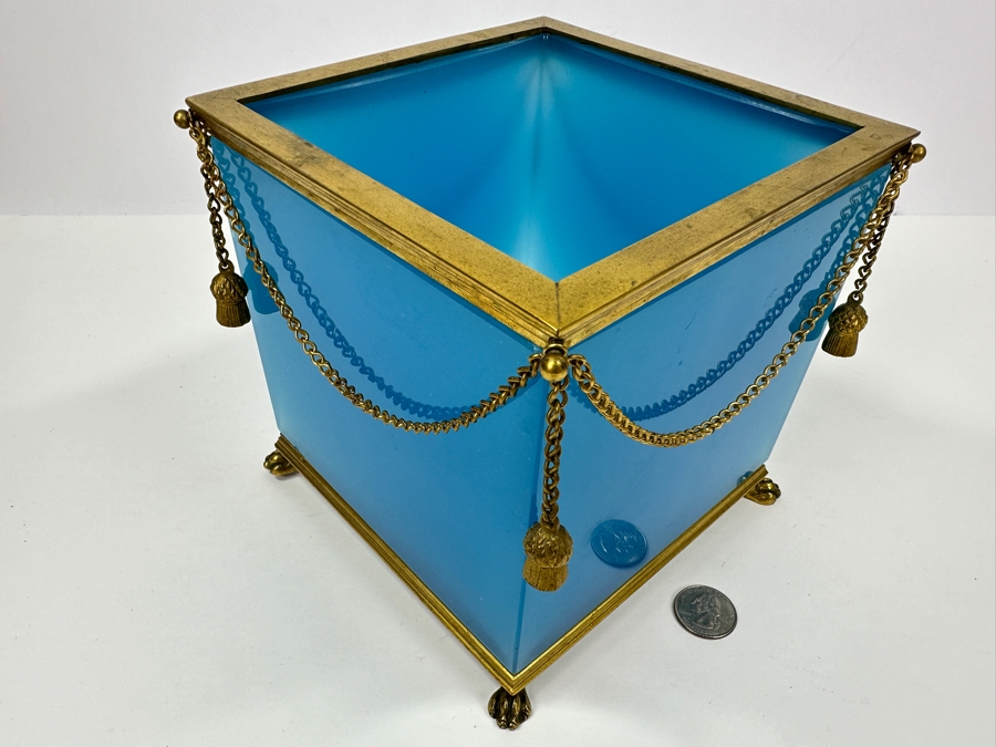 Antique Opaline Glass: Antique French Blue Opaline Glass Cube And Gilt Brass Paw Foot Cachepot Planter 6.5'W X 6.5'D X 6.5'H Estimate $1,400 [Photo 6]