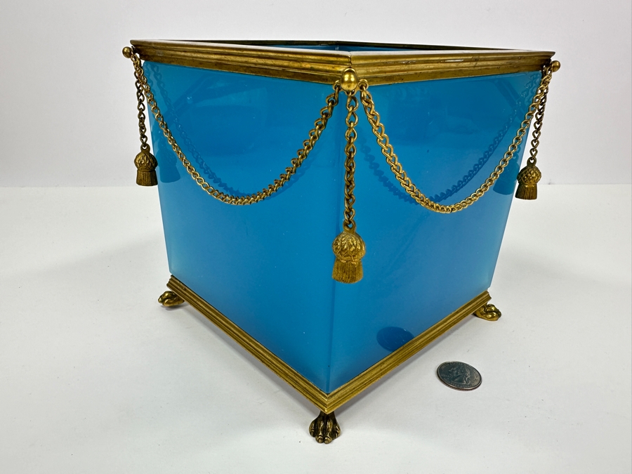 Antique Opaline Glass: Antique French Blue Opaline Glass Cube And Gilt Brass Paw Foot Cachepot Planter 6.5'W X 6.5'D X 6.5'H Estimate $1,400 [Photo 5]