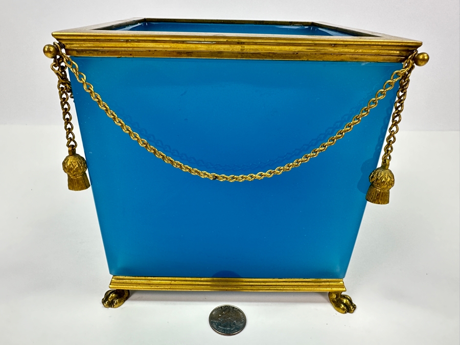 Antique Opaline Glass: Antique French Blue Opaline Glass Cube And Gilt Brass Paw Foot Cachepot Planter 6.5'W X 6.5'D X 6.5'H Estimate $1,400 [Photo 2]