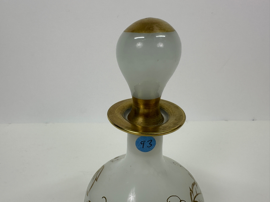 Antique Opaline Glass: White Perfume Bottle With Stopper And Gold Decor 7'H Appraised $110 [Photo 4]