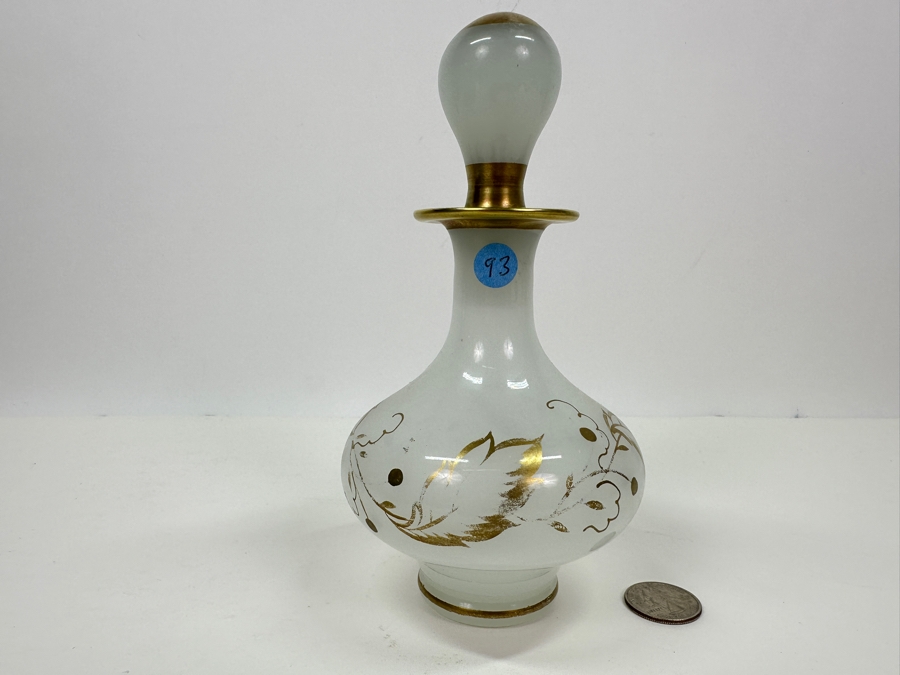 Antique Opaline Glass: White Perfume Bottle With Stopper And Gold Decor 7'H Appraised $110 [Photo 2]