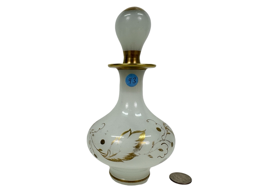 Antique Opaline Glass: White Perfume Bottle With Stopper And Gold Decor 7'H Appraised $110