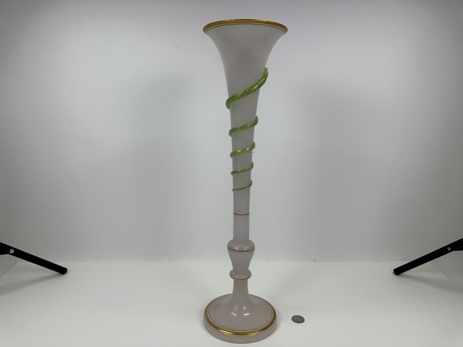Antique Opaline Glass: Tall White Vase With Applied Green Snake And Gold Decor 21'H Client Paid $257 [Photo 7]
