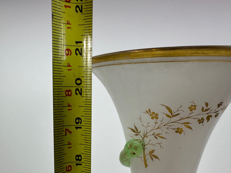 Antique Opaline Glass: Tall White Vase With Applied Green Snake And Gold Decor 21'H Client Paid $257 [Photo 16]