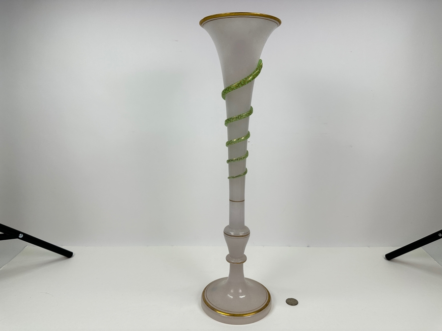 Antique Opaline Glass: Tall White Vase With Applied Green Snake And Gold Decor 21'H Client Paid $257 [Photo 8]