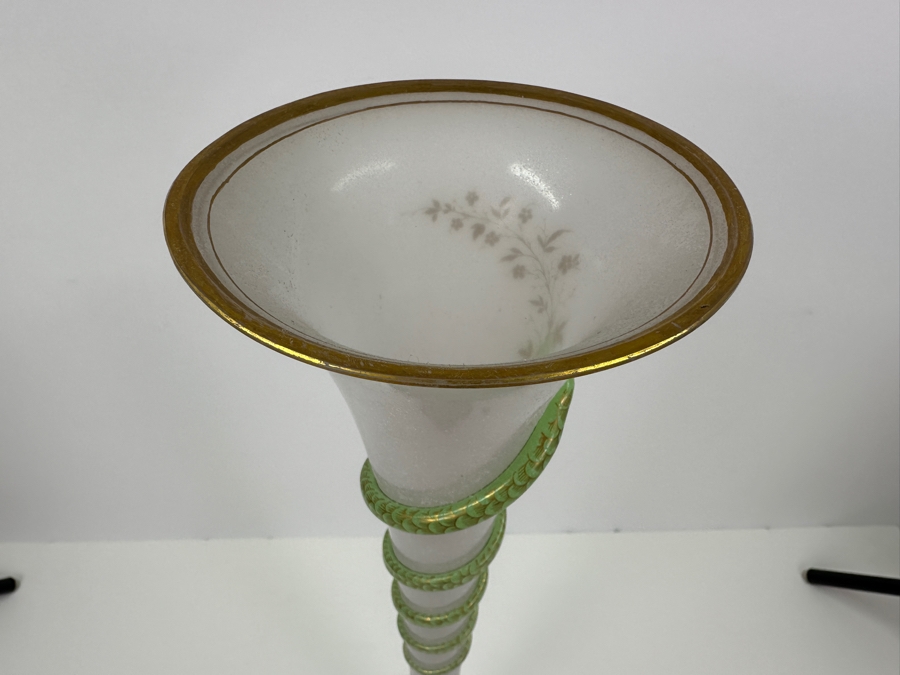 Antique Opaline Glass: Tall White Vase With Applied Green Snake And Gold Decor 21'H Client Paid $257 [Photo 9]