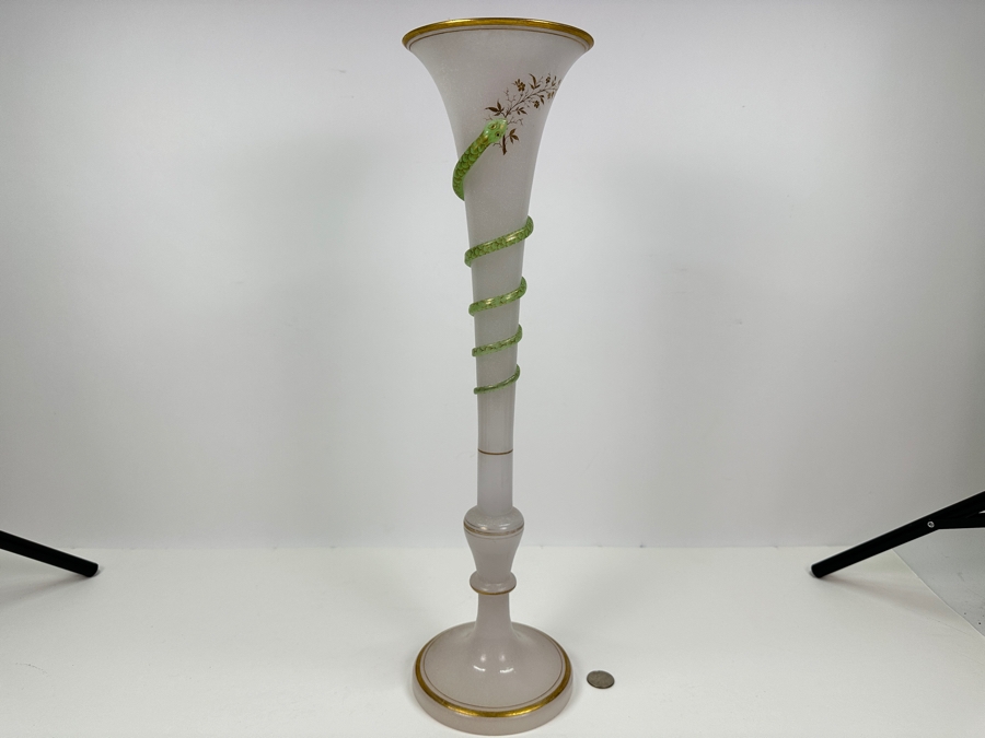 Antique Opaline Glass: Tall White Vase With Applied Green Snake And Gold Decor 21'H Client Paid $257 [Photo 2]