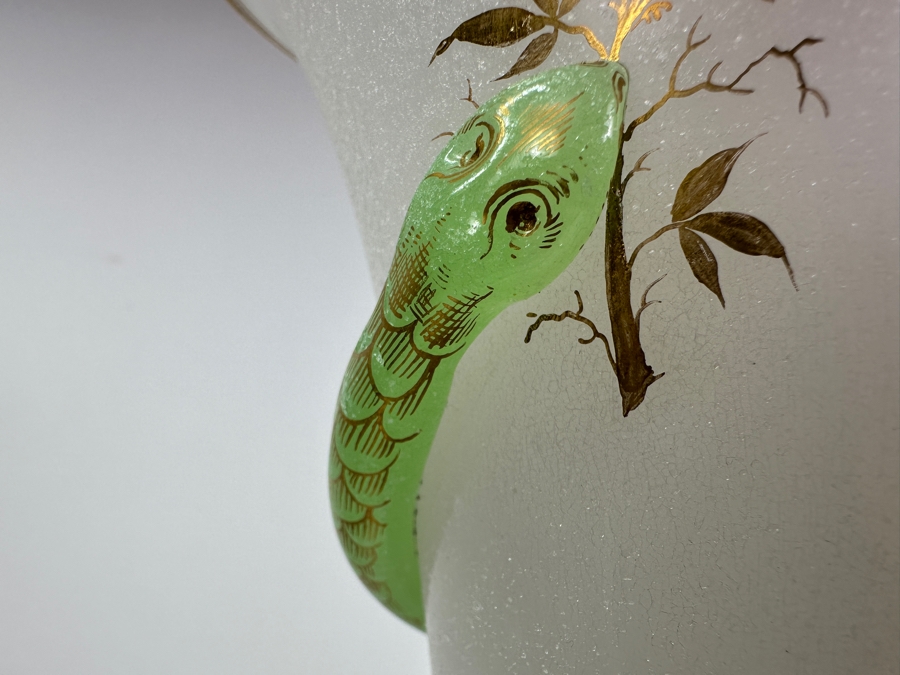 Antique Opaline Glass: Tall White Vase With Applied Green Snake And Gold Decor 21'H Client Paid $257 [Photo 14]