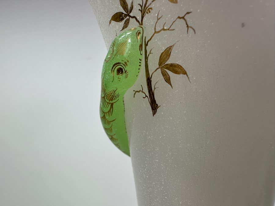 Antique Opaline Glass: Tall White Vase With Applied Green Snake And Gold Decor 21'H Client Paid $257 [Photo 13]