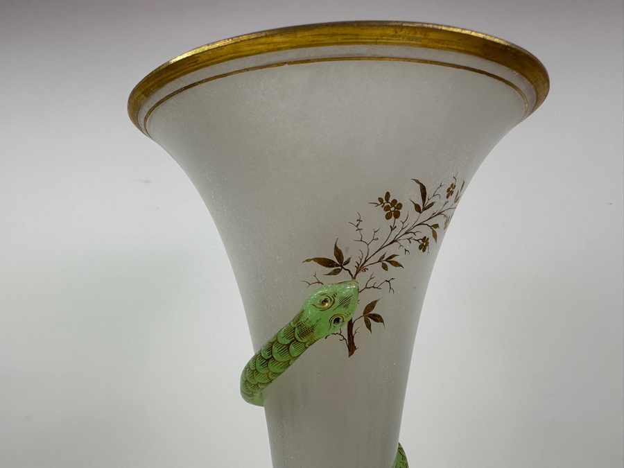 Antique Opaline Glass: Tall White Vase With Applied Green Snake And Gold Decor 21'H Client Paid $257 [Photo 3]
