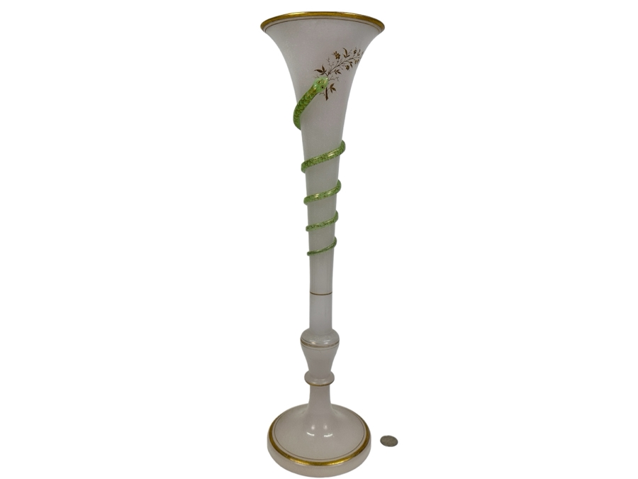 Antique Opaline Glass: Tall White Vase With Applied Green Snake And Gold Decor 21'H Client Paid $257