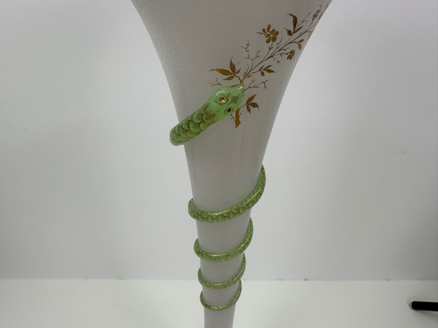 Antique Opaline Glass: Tall White Vase With Applied Green Snake And Gold Decor 21'H Client Paid $257 [Photo 5]