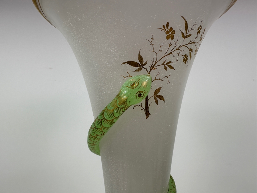 Antique Opaline Glass: Tall White Vase With Applied Green Snake And Gold Decor 21'H Client Paid $257 [Photo 4]