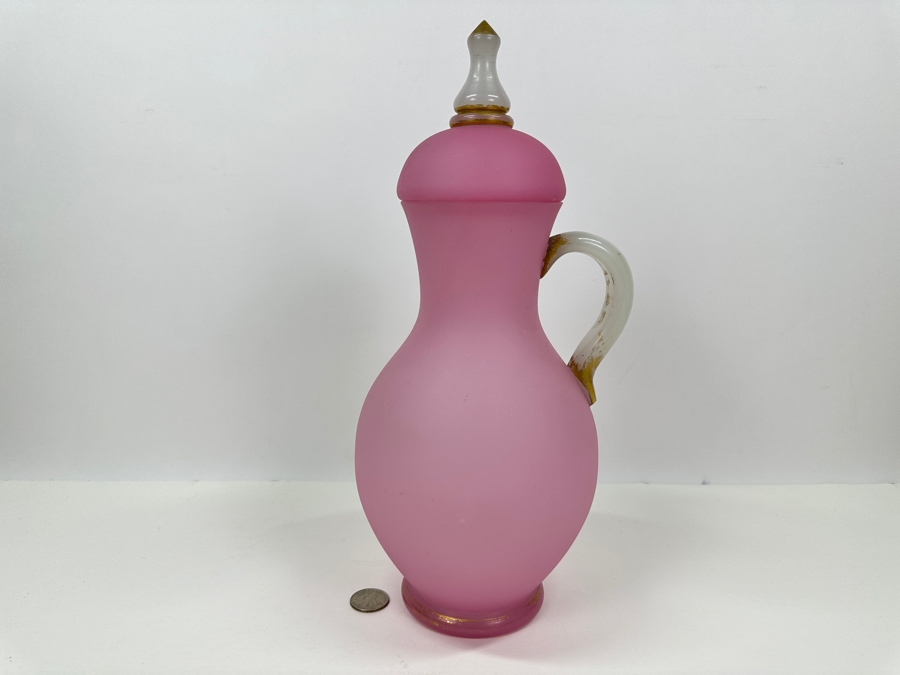 Antique Opaline Glass: Pink And White Lidded Vessel 13.5'H [Photo 2]