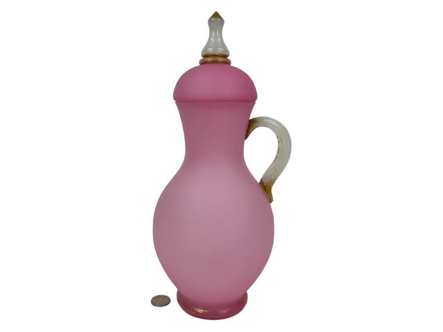 Antique Opaline Glass: Pink And White Lidded Vessel 13.5'H