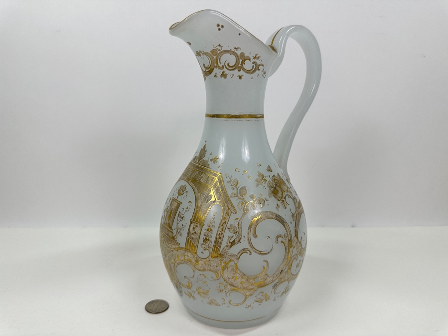Antique Opaline Glass: White Pitcher With Gold Decor Bottom Of Handle Has Crack 11'H [Photo 4]
