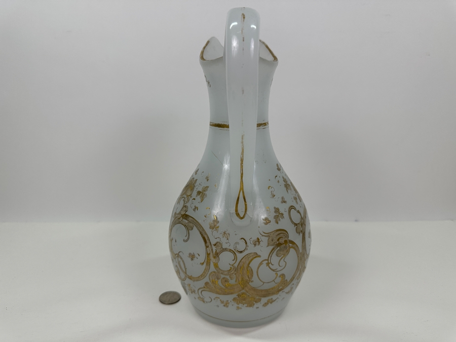 Antique Opaline Glass: White Pitcher With Gold Decor Bottom Of Handle Has Crack 11'H [Photo 8]