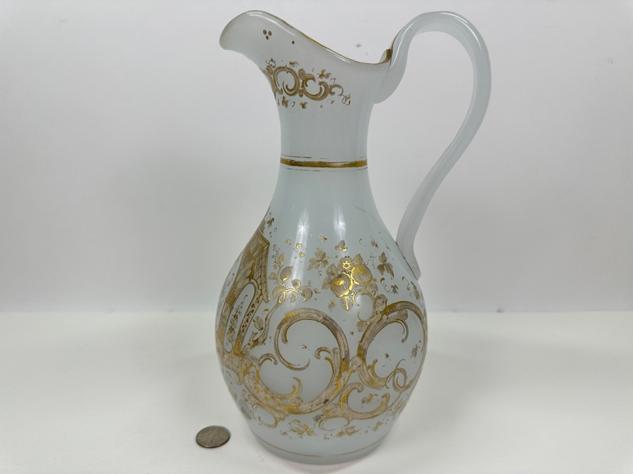 Antique Opaline Glass: White Pitcher With Gold Decor Bottom Of Handle Has Crack 11'H [Photo 7]