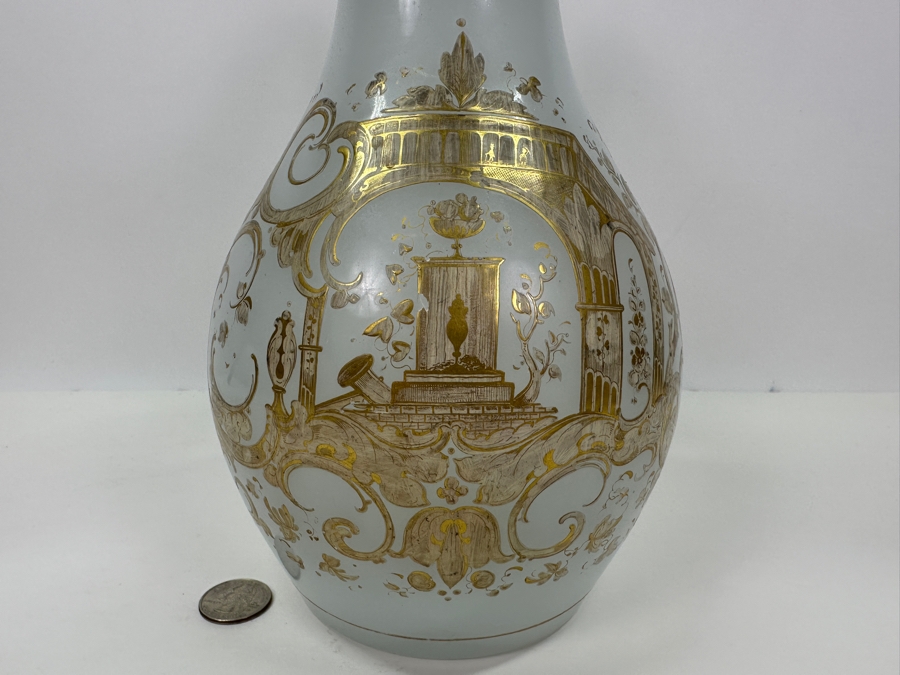 Antique Opaline Glass: White Pitcher With Gold Decor Bottom Of Handle Has Crack 11'H [Photo 3]