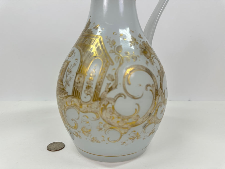 Antique Opaline Glass: White Pitcher With Gold Decor Bottom Of Handle Has Crack 11'H [Photo 5]