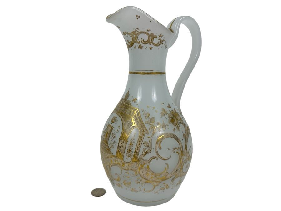 Antique Opaline Glass: White Pitcher With Gold Decor Bottom Of Handle Has Crack 11'H