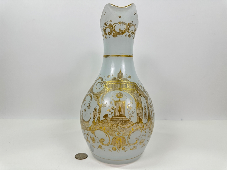 Antique Opaline Glass: White Pitcher With Gold Decor Bottom Of Handle Has Crack 11'H [Photo 2]