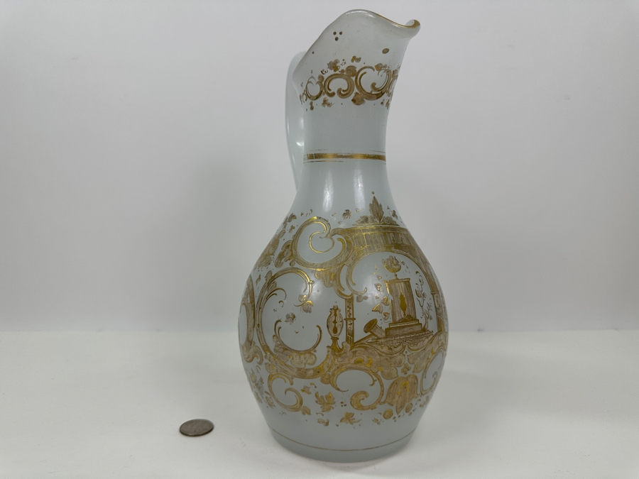 Antique Opaline Glass: White Pitcher With Gold Decor Bottom Of Handle Has Crack 11'H [Photo 13]