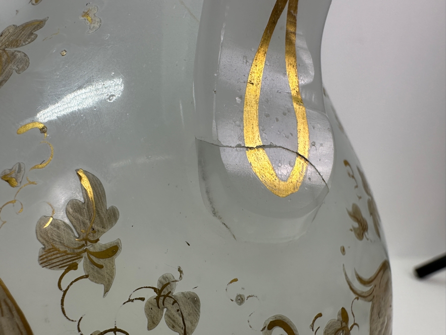 Antique Opaline Glass: White Pitcher With Gold Decor Bottom Of Handle Has Crack 11'H [Photo 10]