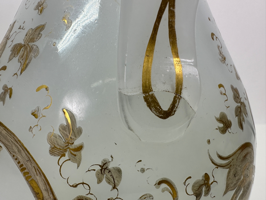 Antique Opaline Glass: White Pitcher With Gold Decor Bottom Of Handle Has Crack 11'H [Photo 9]