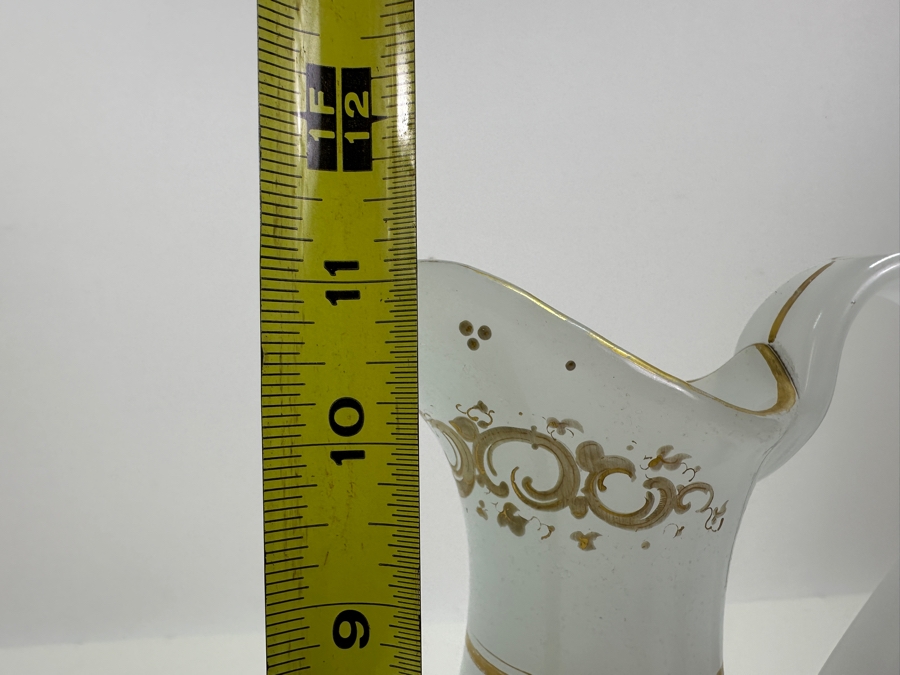 Antique Opaline Glass: White Pitcher With Gold Decor Bottom Of Handle Has Crack 11'H [Photo 15]