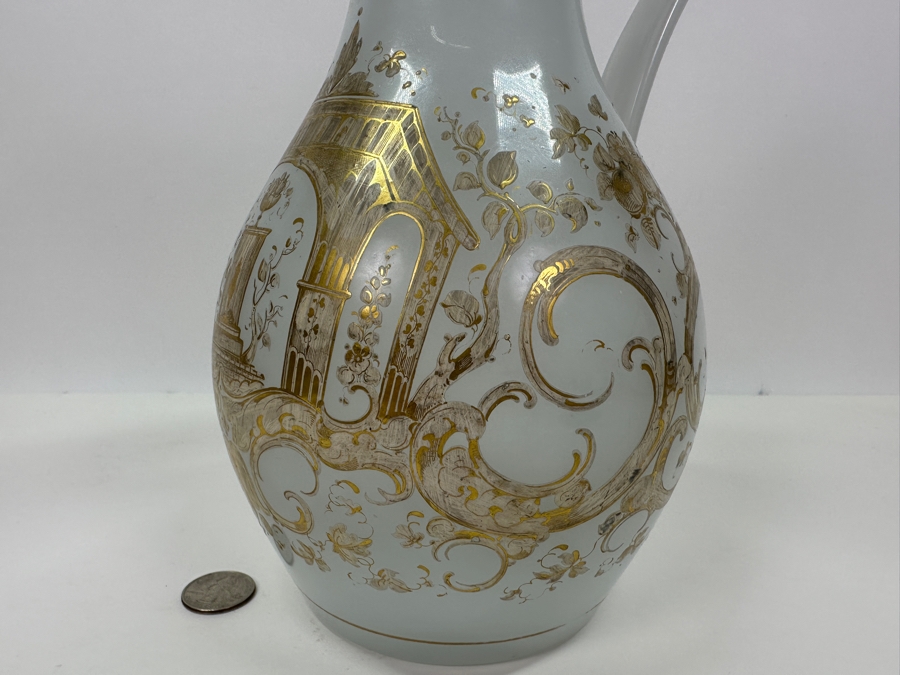 Antique Opaline Glass: White Pitcher With Gold Decor Bottom Of Handle Has Crack 11'H [Photo 6]