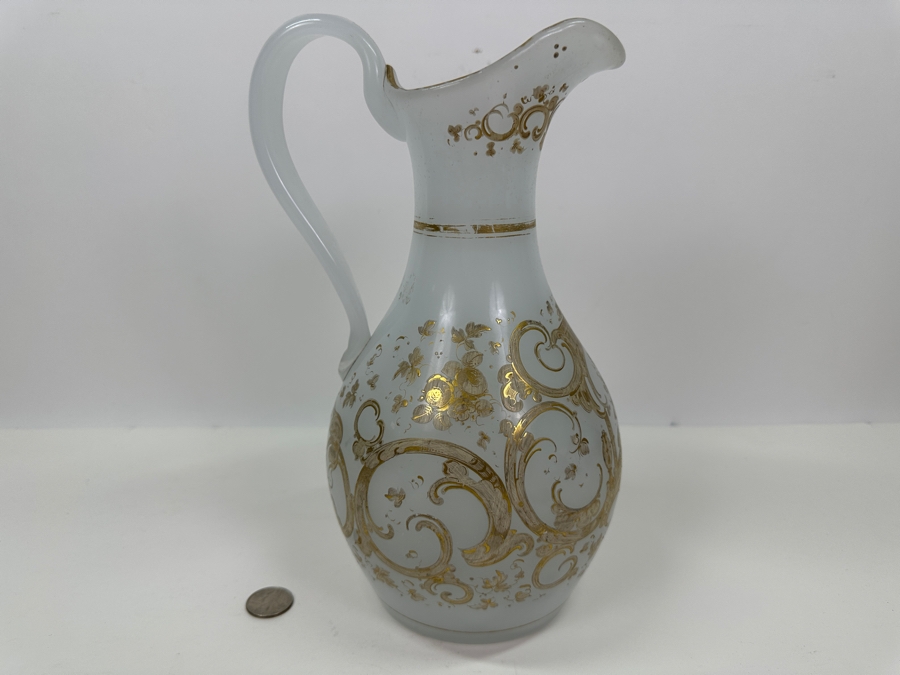 Antique Opaline Glass: White Pitcher With Gold Decor Bottom Of Handle Has Crack 11'H [Photo 11]