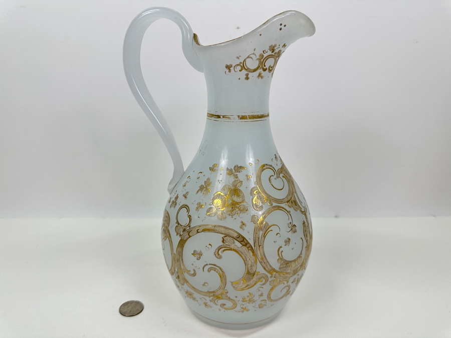 Antique Opaline Glass: White Pitcher With Gold Decor Bottom Of Handle Has Crack 11'H [Photo 12]