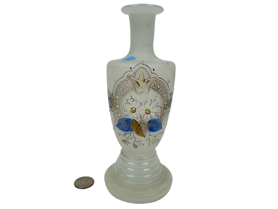 Antique Opaline Glass: White Victorian Bottle White Blue, White & Gold Decor 7.5'H Appraised $85