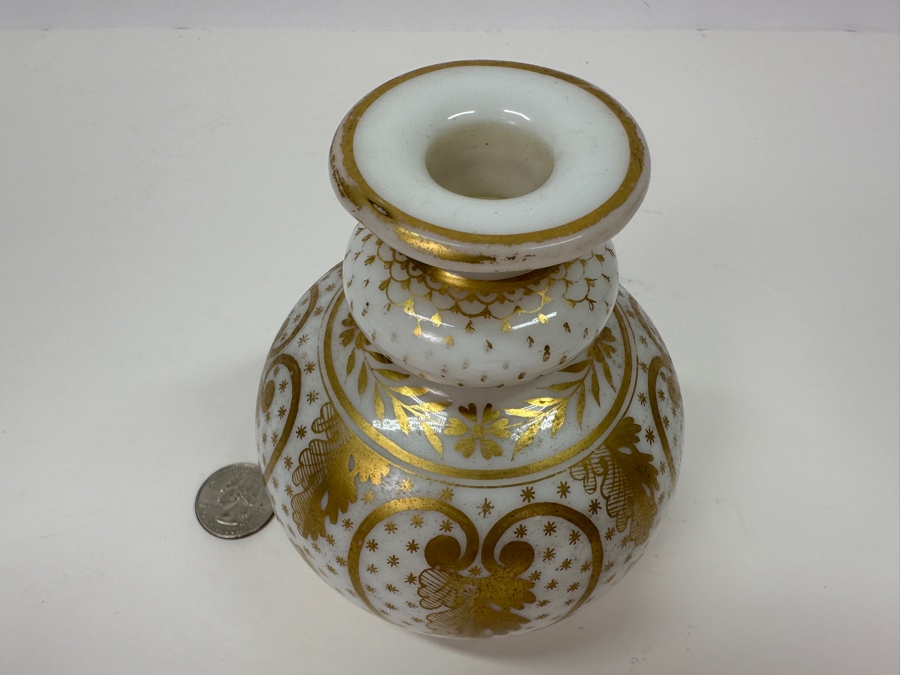 Antique Opaline Glass: White Perfume Bottle With Stopper And Gold Decor 6.25'H [Photo 5]