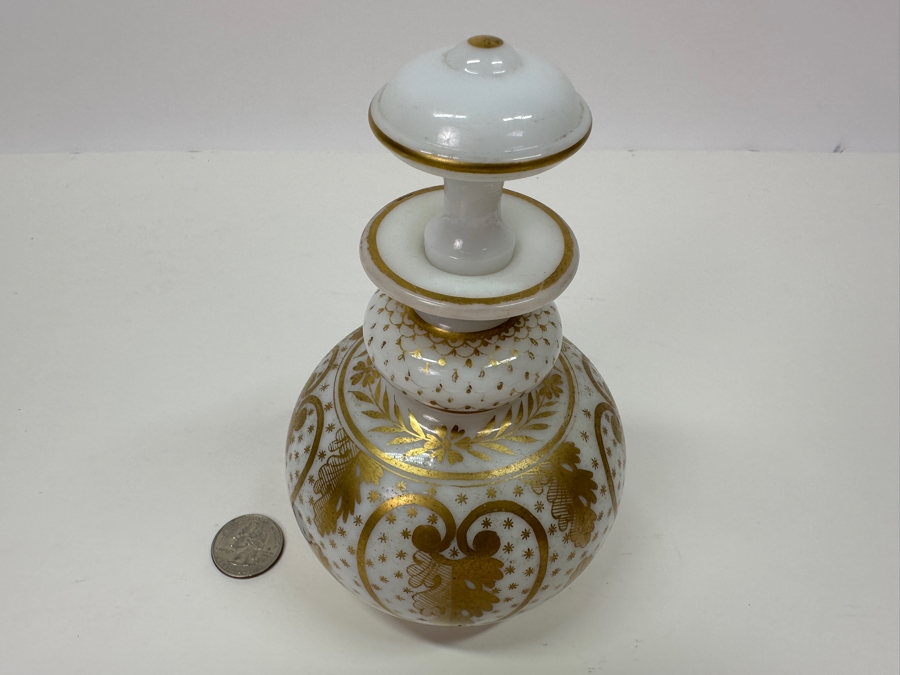 Antique Opaline Glass: White Perfume Bottle With Stopper And Gold Decor 6.25'H [Photo 3]