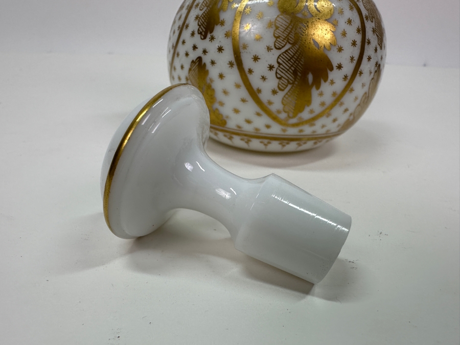 Antique Opaline Glass: White Perfume Bottle With Stopper And Gold Decor 6.25'H [Photo 4]