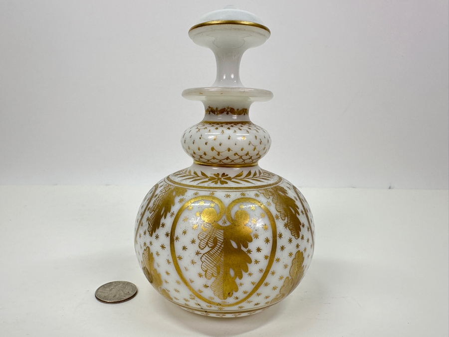 Antique Opaline Glass: White Perfume Bottle With Stopper And Gold Decor 6.25'H [Photo 2]