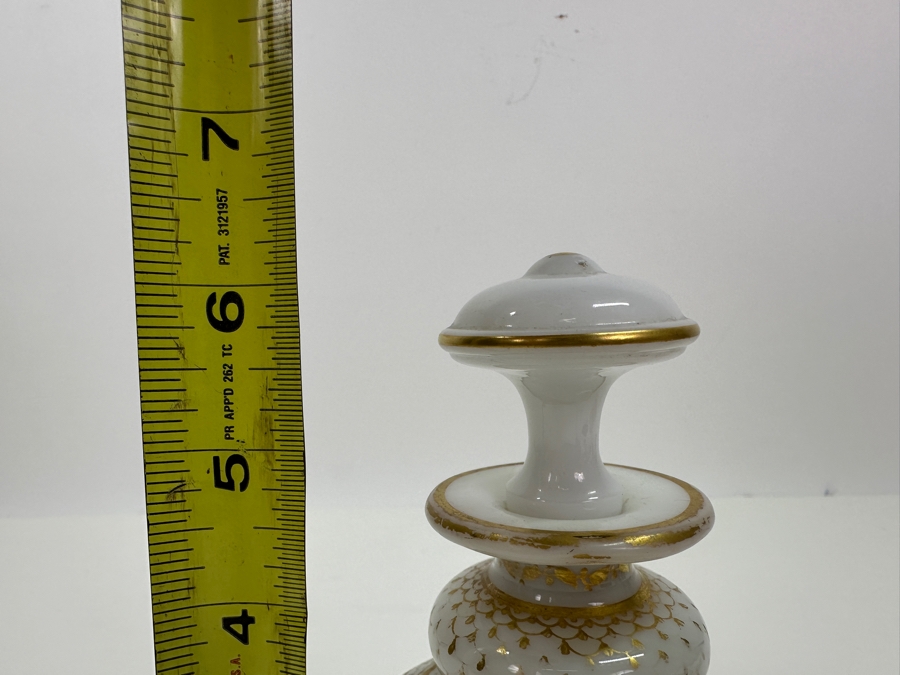 Antique Opaline Glass: White Perfume Bottle With Stopper And Gold Decor 6.25'H [Photo 7]