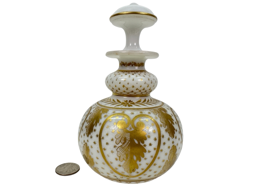 Antique Opaline Glass: White Perfume Bottle With Stopper And Gold Decor 6.25'H