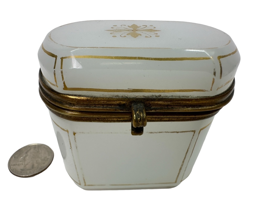Antique Opaline Glass: Small White Box With Gold Decor 3'W X 2'D X 2.75'H Appraised $300