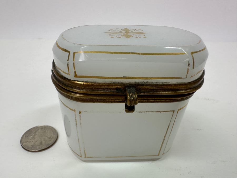 Antique Opaline Glass: Small White Box With Gold Decor 3'W X 2'D X 2.75'H Appraised $300 [Photo 2]
