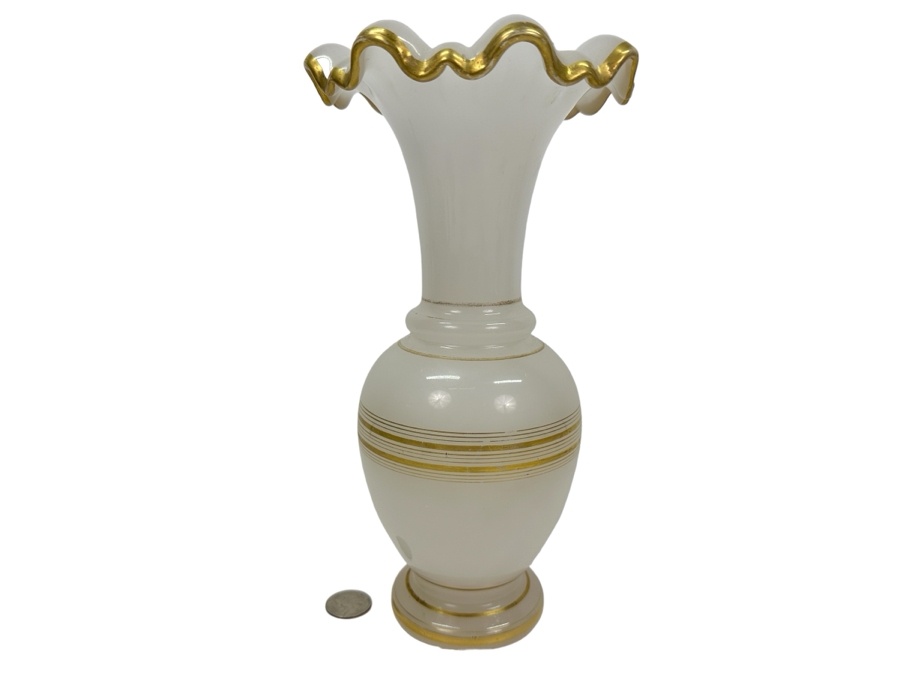 Antique Opaline Glass: White Vase With Gold Decor, Heavy 10.5'H Appraised $325
