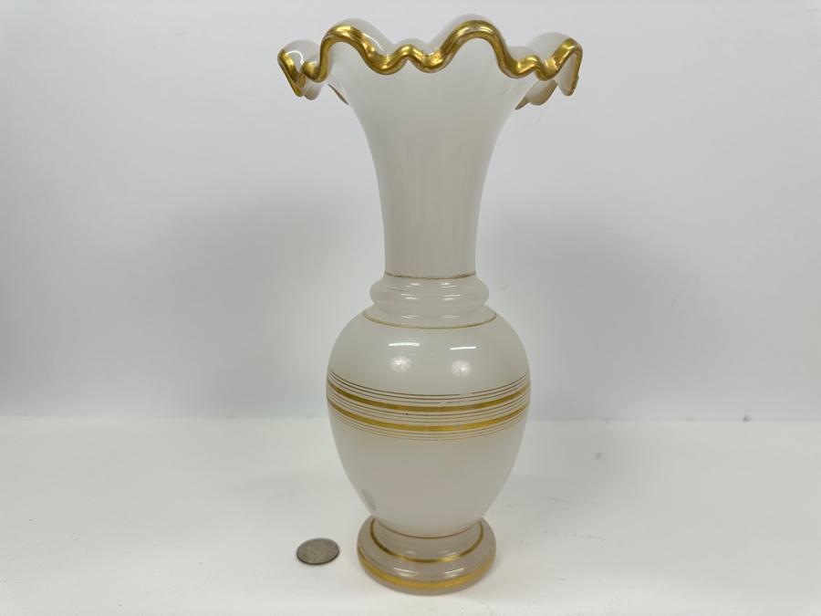 Antique Opaline Glass: White Vase With Gold Decor, Heavy 10.5'H Appraised $325 [Photo 2]