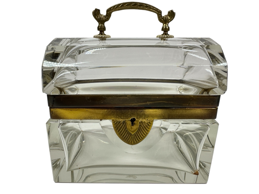 Vintage French Crystal Casket Jewelry Box With Bronze Mounts And Handle Chip On Back Corner 5.75'W X 4.25'D X 6'H Estimate $1,200