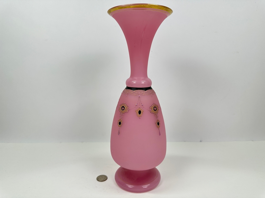 Antique Opaline Glass: Pink Vase With Black & Gold Decor 13.75'H Appraised $300 [Photo 8]