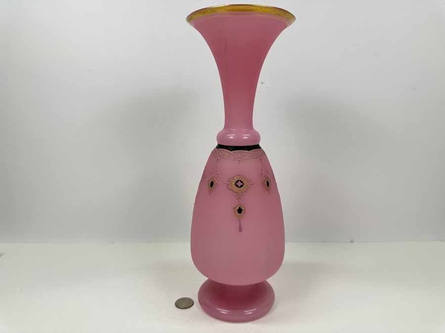 Antique Opaline Glass: Pink Vase With Black & Gold Decor 13.75'H Appraised $300 [Photo 3]
