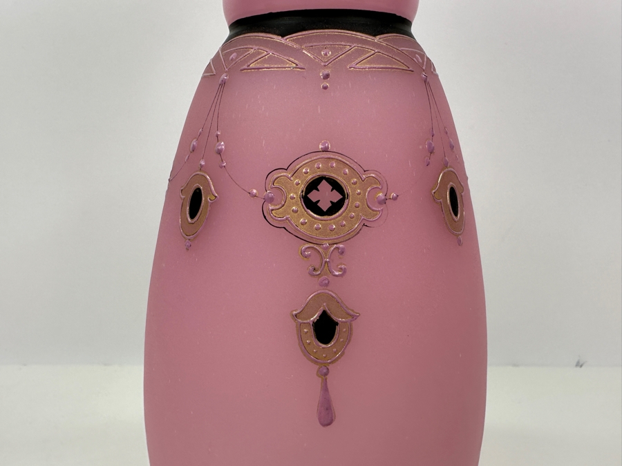 Antique Opaline Glass: Pink Vase With Black & Gold Decor 13.75'H Appraised $300 [Photo 4]