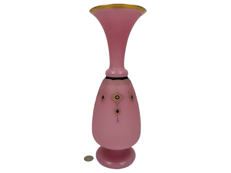 Antique Opaline Glass: Pink Vase With Black & Gold Decor 13.75'H Appraised $300